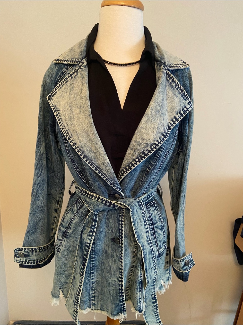 Acid-Wash Denim Trench Jacket with Waist Tie - Blue
